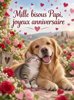 De petits cœurs de papier rouges et roses tombent sur un massif de fleurs luxuriant dans une lumière douce. Texte : « Mille bisous Papi, joyeux anniversaire ».