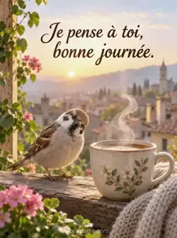 Moineau sur un rebord en bois près d'une tasse de café fumant, avec des toits flous dans la lumière matinale. Texte : « Je pense à toi, bonne journée. ».