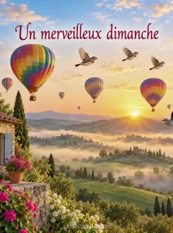 Montgolfières colorées au-dessus de collines vertes et de vallées brumeuses à l'aube, avec des oiseaux dans le ciel. Texte : « Un merveilleux dimanche ».