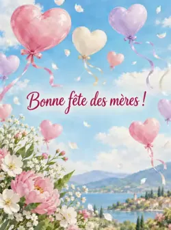 Ballons pastel en forme de cœur flottant dans un ciel bleu doux, avec des rubans ondulants et de petits pétales blancs, dans un style aquarelle. Texte : « Bonne fête des mères ! »
