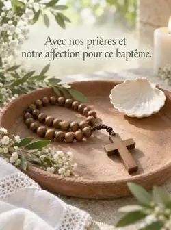 Chapelet en bois à la croix simple posé en diagonale dans un plateau en terre cuite, avec une coquille de baptême crème sur le bord. Lumière aux reflets verts. Texte : « Avec nos prières et notre affection pour ce baptême. »