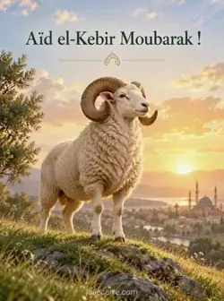 Illustration d'un bélier aux grandes cornes en spirale, tête haute au sommet d'une colline herbeuse. Le soleil levant éclaire sa laine d'une lumière dorée. Texte : « Aïd el-Kebir Moubarak ! »