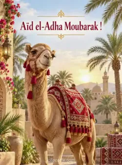 Chameau souriant avec un tapis de selle décoré rouge et or, debout parmi les palmiers dans la lumière chaude du matin. Texte : « Aïd el-Adha Moubarak ! »