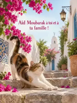 Chat tricolore s'étirant sur des marches en pierre dans une ruelle aux murs blancs. Un bougainvillier rose déborde d'un mur sous la lumière du matin. Texte : « Aïd Moubarak à toi et à ta famille ! »
