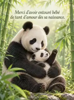 Illustration au style peint d'une maman panda tenant son petit contre sa poitrine parmi les bambous. Le petit tend une patte vers une feuille. Texte : « Merci d'avoir entouré bébé de tant d'amour dès sa naissance. »