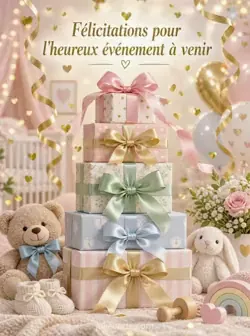 Une haute pile de boîtes cadeaux pastel ornées de grands nœuds de satin, entourée de confettis dorés et de rubans. Texte : « Félicitations pour l'heureux événement à venir ».