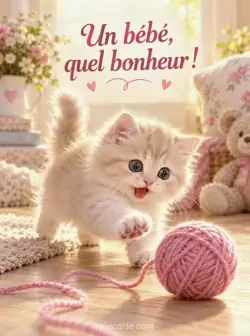 Illustration d'un chaton crème jouant avec une pelote de laine rose dont le fil se déroule sur le sol, dans une lumière dorée. Texte : « Un bébé, quel bonheur ! ».