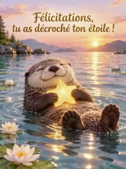 Loutre flottant sur le dos dans une eau calme et scintillante, tenant une étoile dorée lumineuse sur son ventre. Texte : « Félicitations, tu as décroché ton étoile ! »
