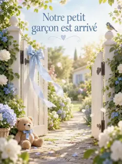 Un portail de jardin blanc s'ouvre sur une allée fleurie ensoleillée. Un ruban bleu pâle est noué au portail et des pétales traversent l'ouverture. Texte : « Notre petit garçon est arrivé ».