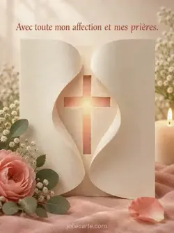 Croix chrétienne découpée au centre d'une feuille de papier crème pliée, aux côtés incurvés, sur une surface corail. Texte : « Avec toute mon affection et mes prières. »