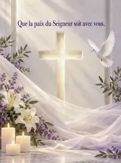 Panneau ivoire portant une croix chrétienne en creux, éclairée d’une lumière blanche diffuse. Un voile translucide couvre la moitié inférieure, avec des ombres lavande pâle. Texte : « Que la paix du Seigneur soit avec vous. »