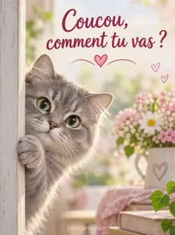 Chat gris duveteux aux yeux curieux passant la tête au bord de l'image, une patte sur le cadre, sur fond pastel. Sa tête avance doucement. Texte : « Coucou, comment tu vas ? »