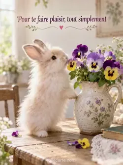 Lapin angora crème dressé sur ses pattes arrière, humant un bouquet de pensées dans un vase en céramique rustique sur une table en bois. Son pelage bouge légèrement. Texte : « Pour te faire plaisir, tout simplement ».