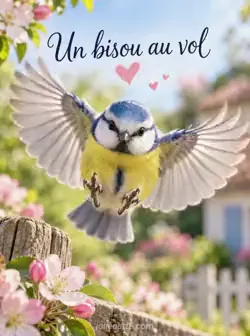 Une mésange bleue au poitrail jaune vole vers nous, ailes déployées et pattes tendues, devant un jardin flou. Texte : « Un bisou au vol ».