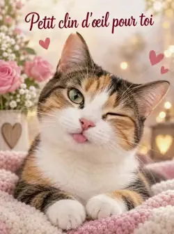 Gros plan sur un chat tricolore à poil court qui ferme un œil face à l'objectif. Le bout de sa langue dépasse et une moustache frémit, lui donnant un air complice. Texte : « Petit clin d'œil pour toi ».