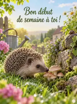Un petit hérisson renifle de minuscules champignons près d’un muret dans un jardin couvert de rosée, au soleil du matin. Texte : « Bon début de semaine à toi ! ».