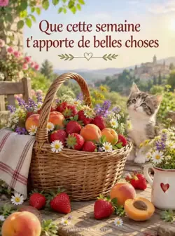Panier en osier rempli de fraises, d’abricots et de fleurs sauvages sur une table en bois au soleil du matin. Texte : « Que cette semaine t'apporte de belles choses ».