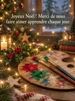 Palette en bois portant de la peinture rouge et verte, avec deux pinceaux posés dessus, du houx et des guirlandes lumineuses dans une lueur dorée. Texte : « Joyeux Noël ! Merci de nous faire aimer apprendre chaque jour. »