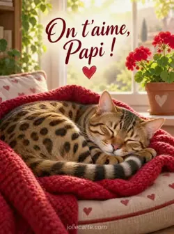 Chat Bengal tacheté endormi en boule sur un coussin, sous une couverture rouge en maille, près d'une fenêtre ensoleillée avec un géranium en pot. Texte : « On t'aime, Papi ! ».