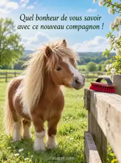 Petit poney Shetland dans un pré vert, tourné vers une brosse rouge sur une clôture en bois, crinière soulevée par la brise sous un ciel bleu. Texte : « Quel bonheur de vous savoir avec ce nouveau compagnon ! »