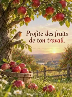 Carte animée représentant un pommier chargé de pommes rouges dans un verger doré. Des pommes reposent dans les herbes hautes et un rouge-gorge est perché sur une branche basse. Texte : « Profite des fruits de ton travail. »