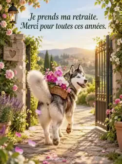 Husky avançant sur un chemin de jardin ensoleillé vers un portail ouvert, la queue haute, avec un panier en osier rempli d'orchidées sur le dos et quelques pétales derrière lui. Texte : « Je prends ma retraite. Merci pour toutes ces années. »