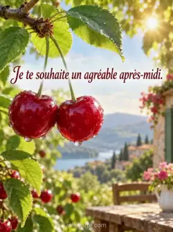 Illustration verticale de cerises rouges mûres sur une branche feuillue, dont deux se touchent. Le soleil fait scintiller des gouttes d'eau. Texte : « Je te souhaite un agréable après-midi. »