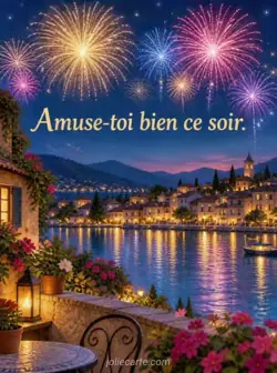 Des feux d’artifice multicolores éclatent au-dessus de toits et de fenêtres éclairées sous un ciel bleu nuit. Texte : « Amuse-toi bien ce soir. »