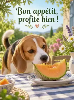 Un beagle renifle avec plaisir une tranche de melon couverte de petites gouttes, sur une table de jardin à nappe rayée. Il remue la queue dans une lumière dorée. Texte : « Bon appétit, profite bien ! ».