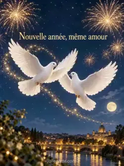 Deux colombes blanches volent aile contre aile dans un ciel bleu nuit traversé de feux d'artifice dorés, suivies de petites étincelles. Texte : « Nouvelle année, même amour »