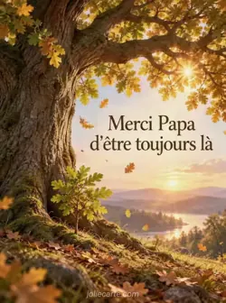 Un vieux chêne au tronc large abrite une jeune pousse à ses pieds. Des feuilles dorées tombent dans la lumière du soleil. Texte : « Merci Papa d'être toujours là ».