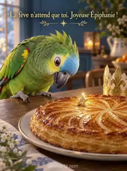 Un perroquet amazone à front bleu, perché au bord d'une table en bois, se penche vers une fève dorée en forme d'étoile posée sur une galette des rois. Ses plumes sont relevées et l'étoile scintille dans une lumière chaude. Texte : « La fève n'attend que toi. Joyeuse Épiphanie ! »