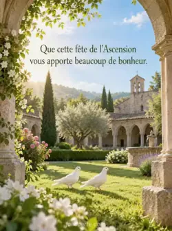 Deux colombes blanches marchant côte à côte sur l'herbe d'un jardin de cloître bordé d'arches en pierre, au soleil du matin. Texte : « Que cette fête de l'Ascension vous apporte beaucoup de bonheur. »