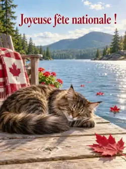 Maine Coon brun tigré endormi en boule sur les planches d'un ponton au soleil, près d'un lac scintillant où flottent des feuilles rouges d'érable. Texte : « Joyeuse fête nationale ! »