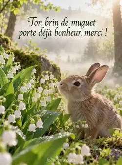Lapin brun humant du muguet sauvage couvert de rosée au bord d'une clairière ensoleillée, avec de la brume entre les arbres. Texte : « Ton brin de muguet porte déjà bonheur, merci ! »
