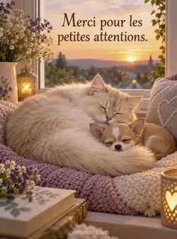 Un chat crème allongé sur un coussin laisse un petit chihuahua poser la tête sur sa queue touffue. Texte : « Merci pour les petites attentions. »