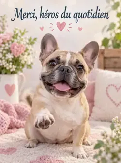 Bouledogue français assis de face sur un fond pastel, les yeux joyeux, tendant une patte avant comme pour une poignée de main et remuant doucement la queue. Texte : « Merci, héros du quotidien ».
