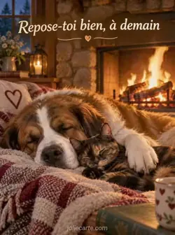 Un grand chien à poil long et un petit chat écaille de tortue somnolent devant une cheminée. Le chien pose sa patte sur le chat, leurs pelages éclairés par le feu. Texte : « Repose-toi bien, à demain ».