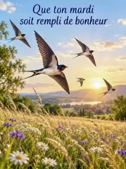 Des hirondelles volent bas au-dessus d'une prairie dorée dont les hautes herbes ondulent dans la lumière matinale. Texte : « Que ton mardi soit rempli de bonheur ».