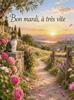Un chemin ensoleillé traverse une prairie fleurie vers un horizon doré, avec des pétales emportés par le vent. Texte : « Bon mardi, à très vite ».