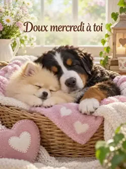 Un chiot spitz nain crème et un chiot bouvier bernois dorment blottis dans un panier avec des couvertures près d'une fenêtre ensoleillée. Texte : « Doux mercredi à toi ».