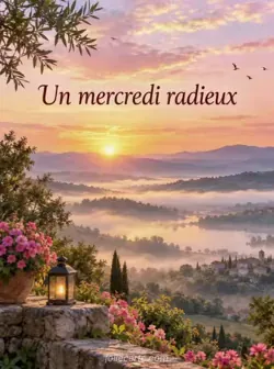 Un lever de soleil rose et doré éclaire une vallée brumeuse, avec quelques oiseaux dans le ciel. Texte : « Un mercredi radieux ».