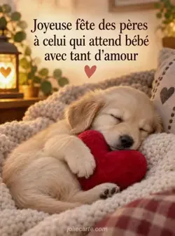 Petit chiot couleur crème endormi sur une couverture tricotée, serrant un cœur rouge en peluche entre ses pattes avant, dans la lumière dorée d'une lampe. Texte : « Joyeuse fête des pères à celui qui attend bébé avec tant d'amour »