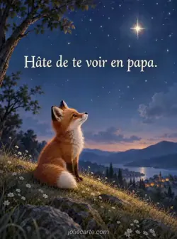 Petit renard roux assis sur une colline dans le bleu profond du crépuscule, regardant une seule étoile brillante qui éclaire son pelage. Texte : « Hâte de te voir en papa. »