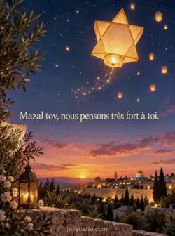 Lanterne lumineuse en papier en forme d'étoile de David montant dans un ciel crépusculaire étoilé, suivie de petites particules dorées. Texte : « Mazal tov, nous pensons très fort à toi. »