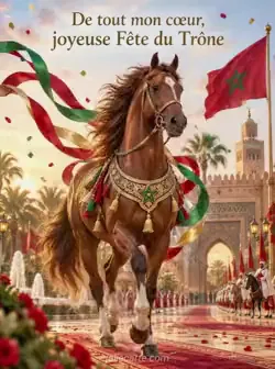 Cheval alezan au trot, crinière au vent, entouré de rubans de soie rouges, verts et dorés et de confettis. Texte : « De tout mon cœur, joyeuse Fête du Trône ».