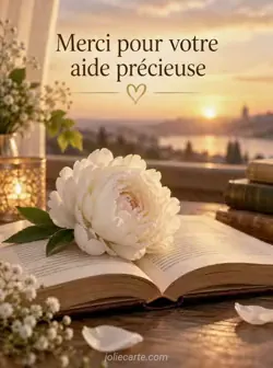 Livre ouvert avec une pivoine blanche posée sur ses pages, éclairé par la lumière dorée du soir. Texte : « Merci pour votre aide précieuse ».