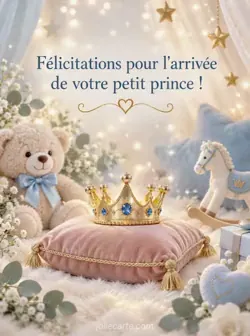 Petite couronne dorée sur un coussin de velours rose pâle, entourée de scintillements sur fond pastel. Texte : « Félicitations pour l'arrivée de votre petit prince ! »