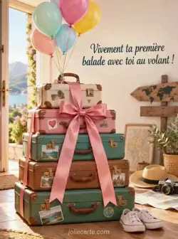 Pile de valises rétro colorées entourée d'un grand nœud de satin, avec des ballons attachés à la poignée du haut, sur un sol en bois éclairé par le soleil du matin.