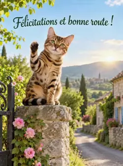 Chat Bengal tacheté assis sur un pilier de pierre au bord d'une route de campagne, une patte levée en signe de salut, sous le soleil du matin. Texte : « Félicitations et bonne route ! »